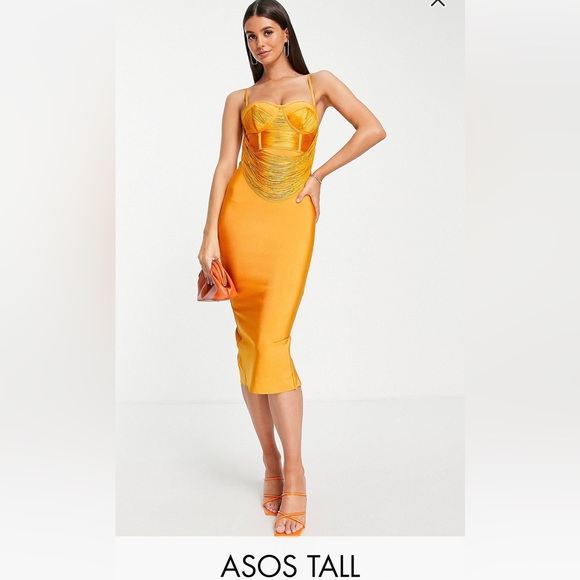 ASOS Dresses & Skirts - ASOS Design Tall cupped bandage fringe cami midi dress in mustard